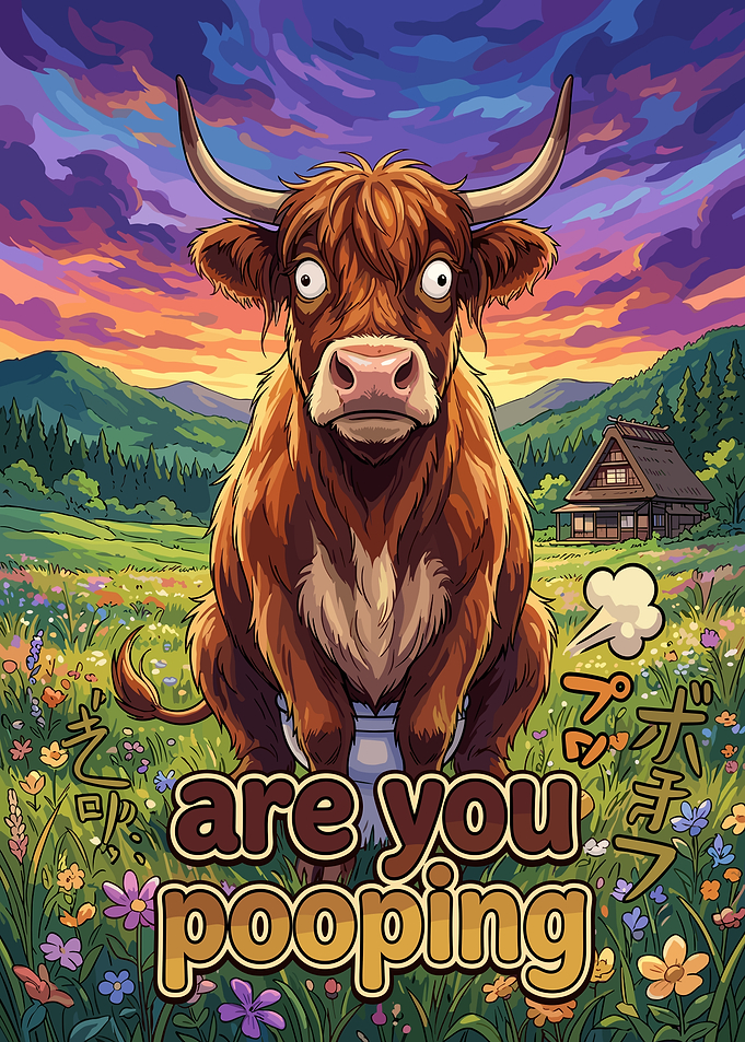 Funny Highland Cow Pooping Illustration