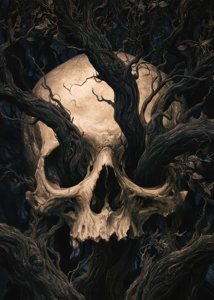 Skull Entwined in Dark Forest Branches