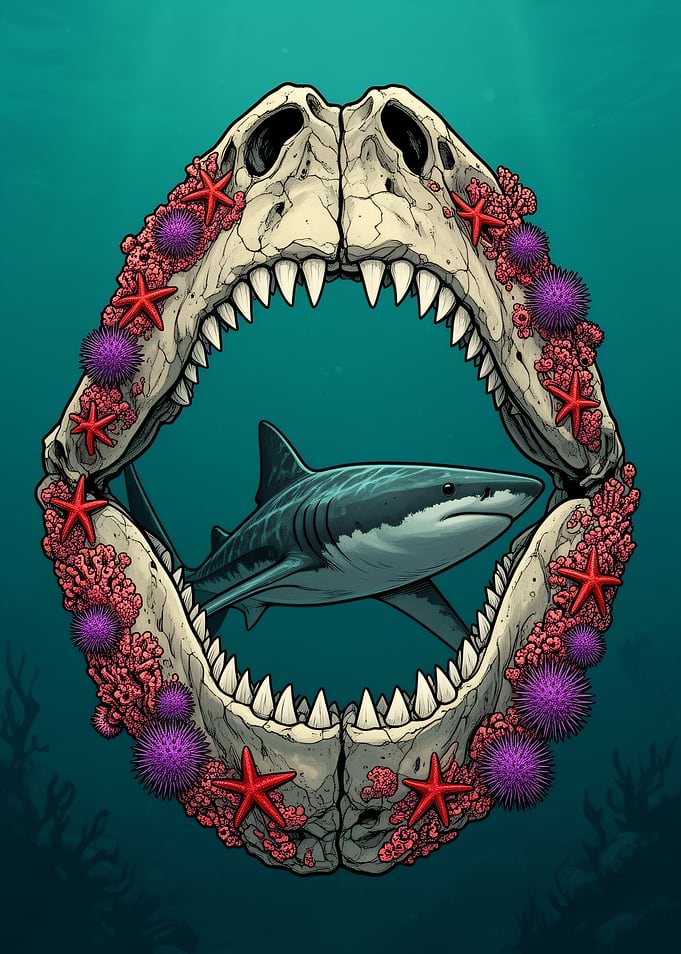 Shark Swimming Through Fossilized Jaws