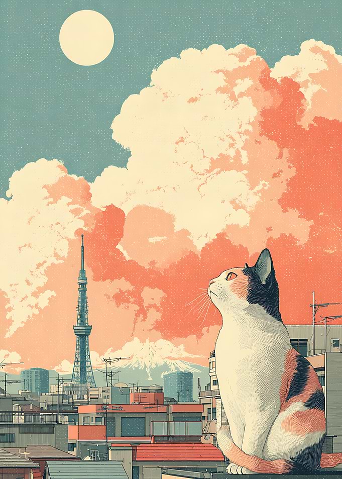 Calico Cat Overlooking Tokyo Skyline