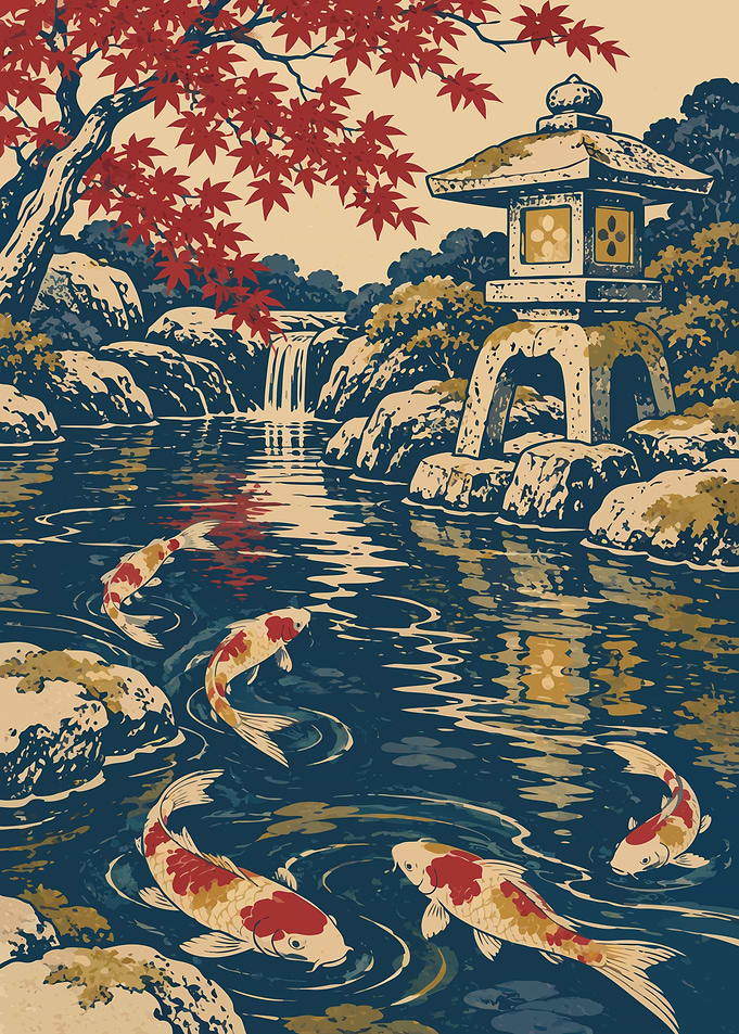 Japanese Koi Pond with Stone Lantern