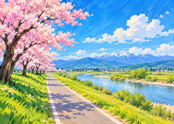 Scenic Cherry Blossom River Path