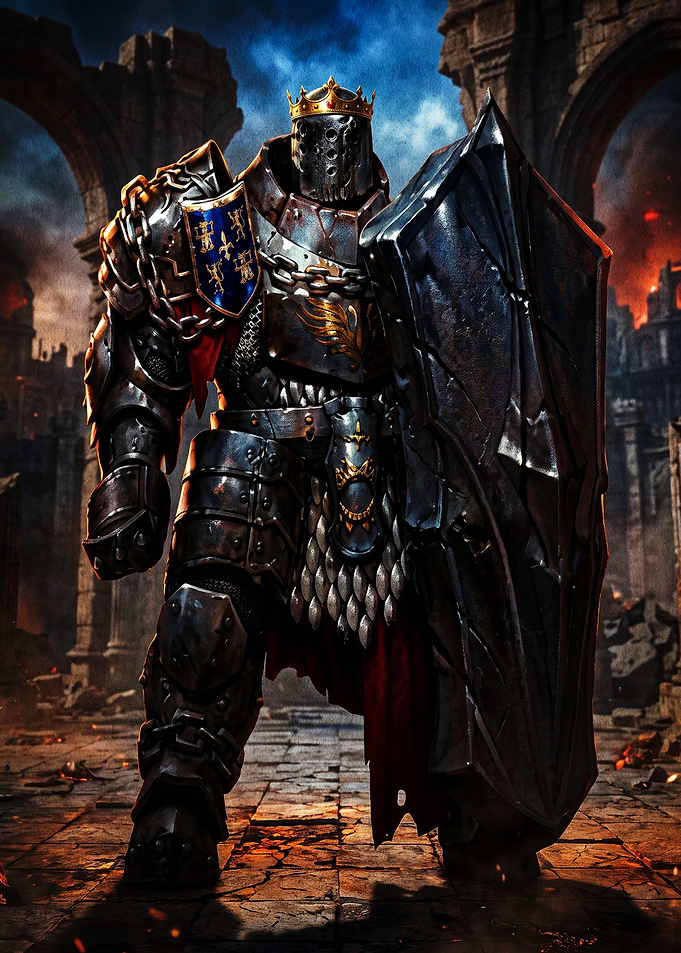 Armored Knight with Shield and Crown