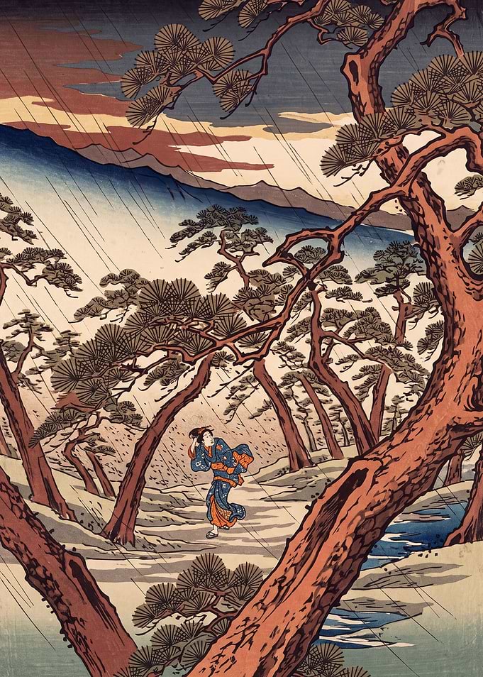 Ukiyo-e Woman Walking Through a Storm of Bending Pines