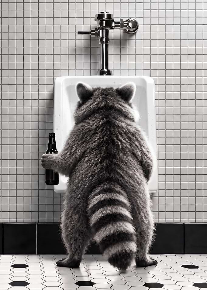 Raccoon at a Urinal with Beer