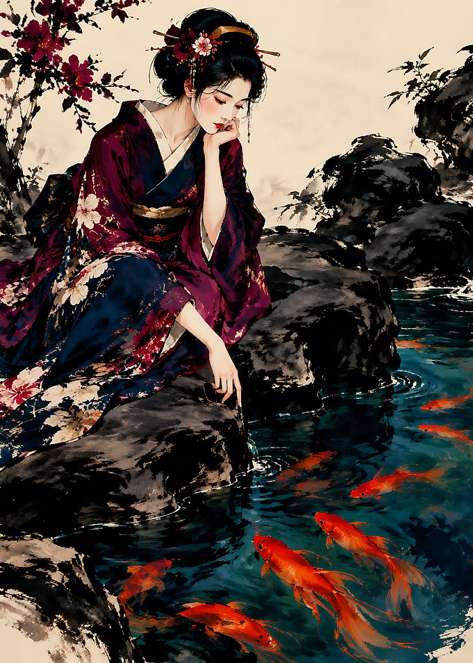 Geisha Watching Koi Fish