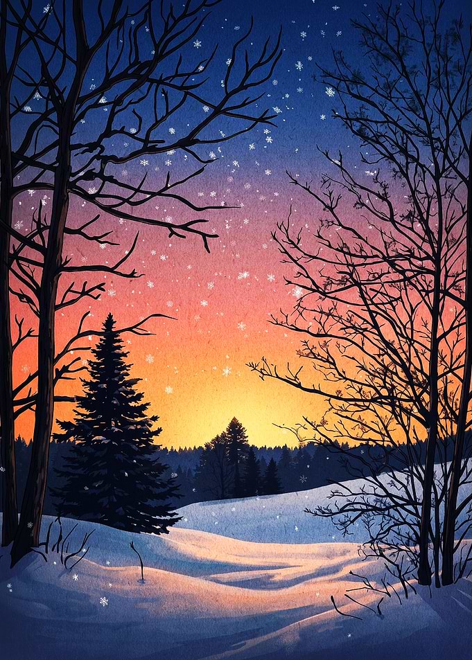 Winter Snow Sunset Landscape Art