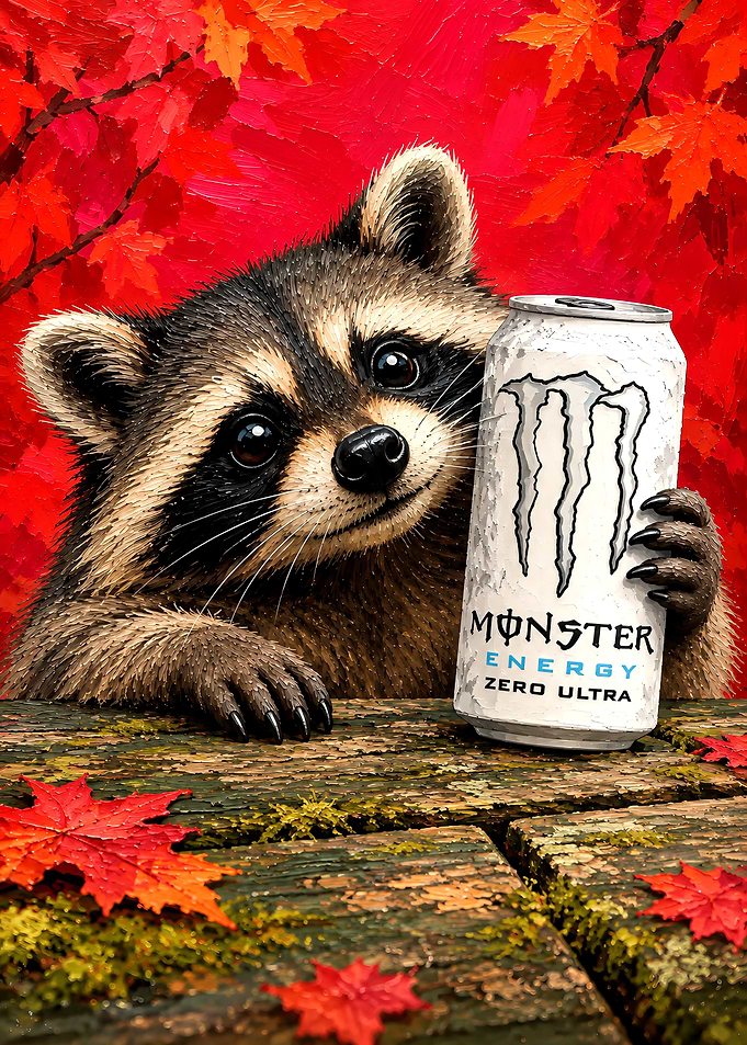 Raccoon Holding Monster Energy Drink
