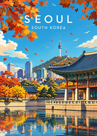 Seoul South Korea Autumn Travel Poster