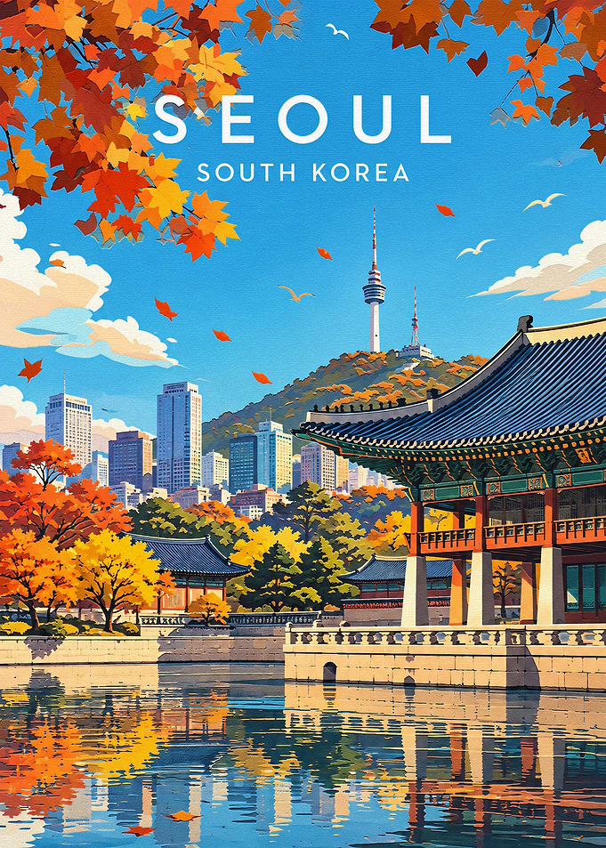 Seoul South Korea Autumn Travel Poster