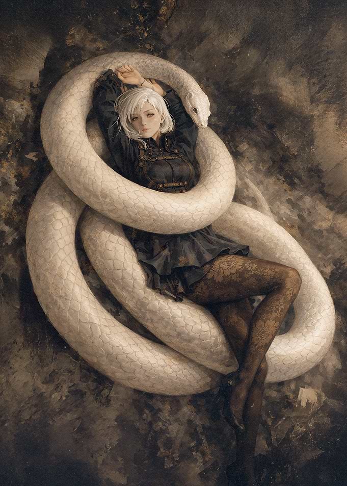 Anime Girl Coiled with White Snake