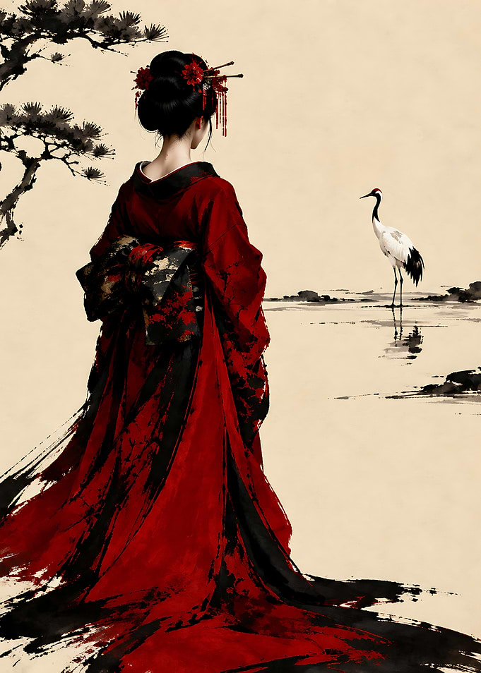 Geisha in Red Kimono with Crane