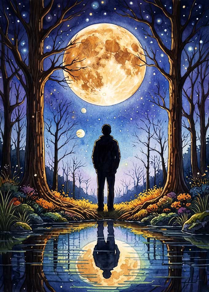 Moonlit Forest Night Watercolor Art