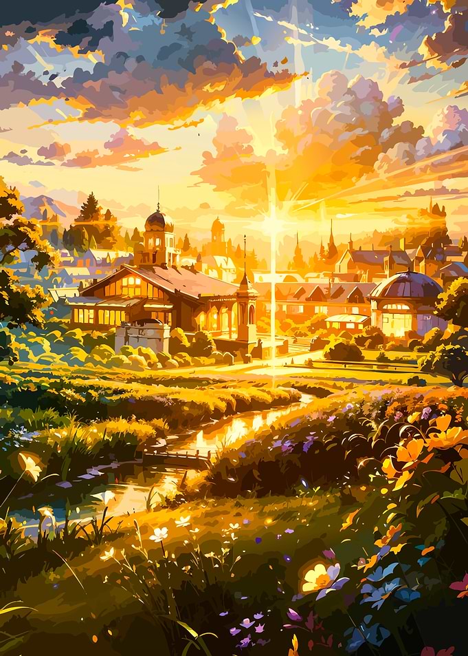 Golden Sunset Over Fantasy Village