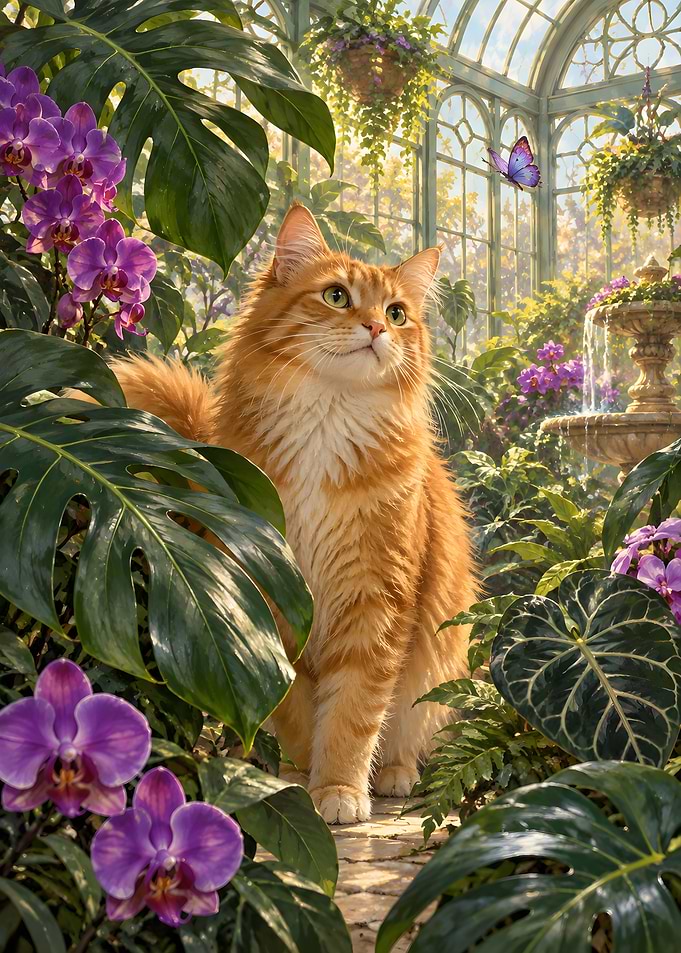 Ginger Cat in Sunlit Greenhouse