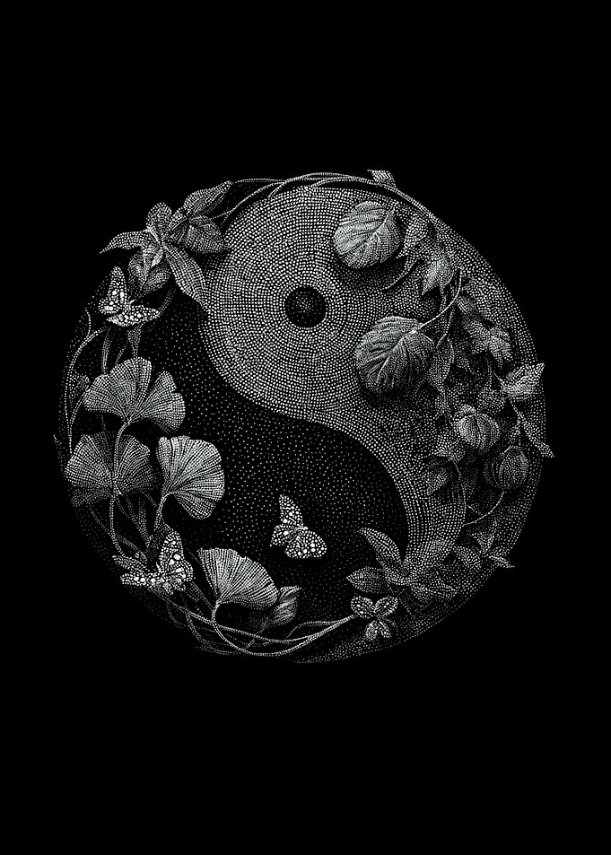 Botanical Yin Yang Butterflies In Stipple Dotwork