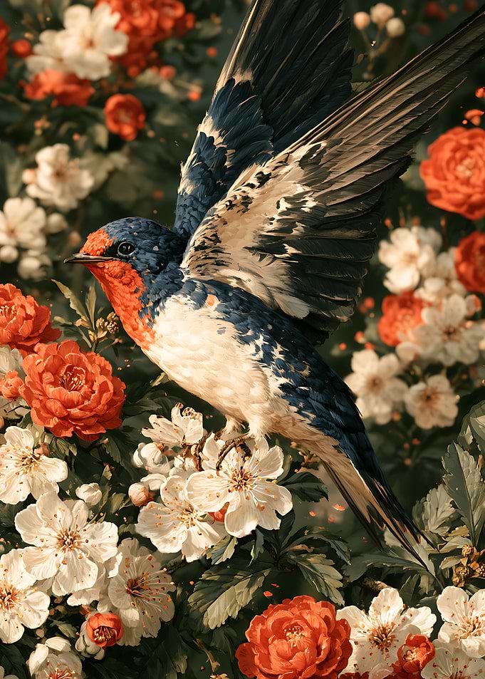 Barn Swallow Amidst Floral Blooms