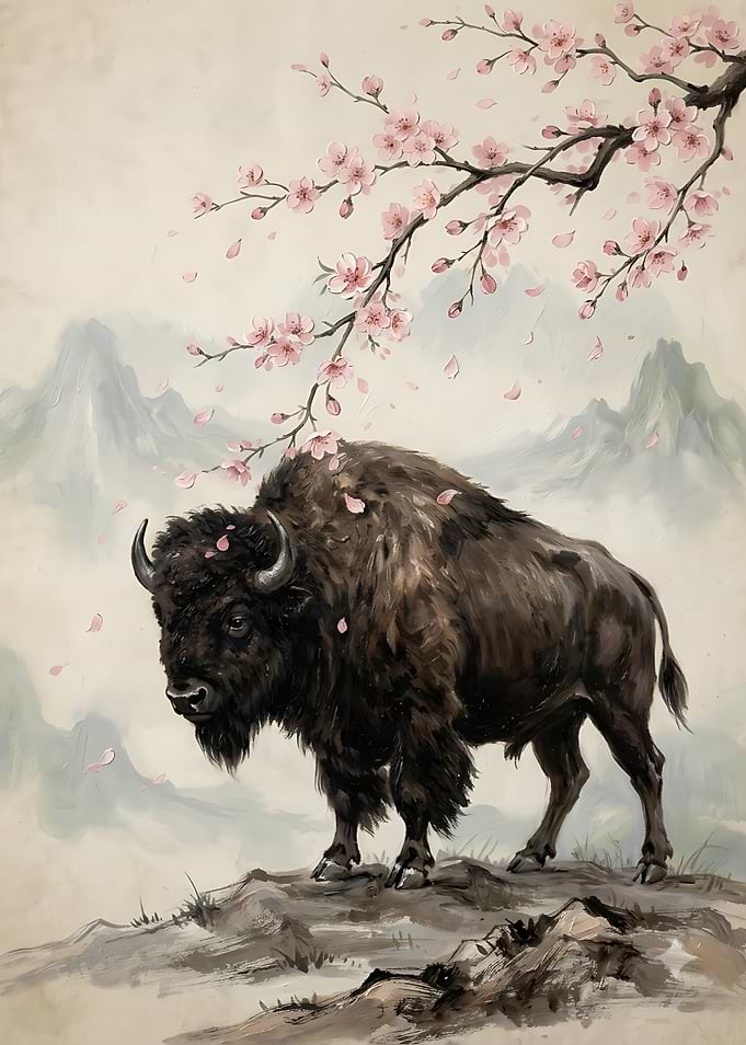 Bison Beneath Cherry Blossom Branches