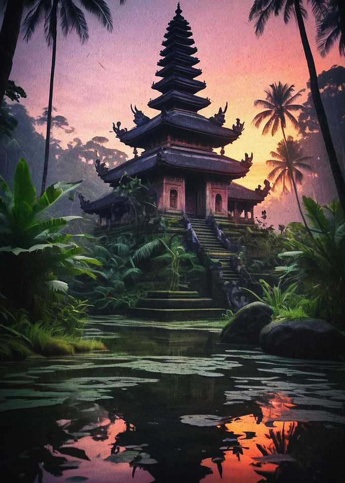 Bali Temple Jungle Sunset Art