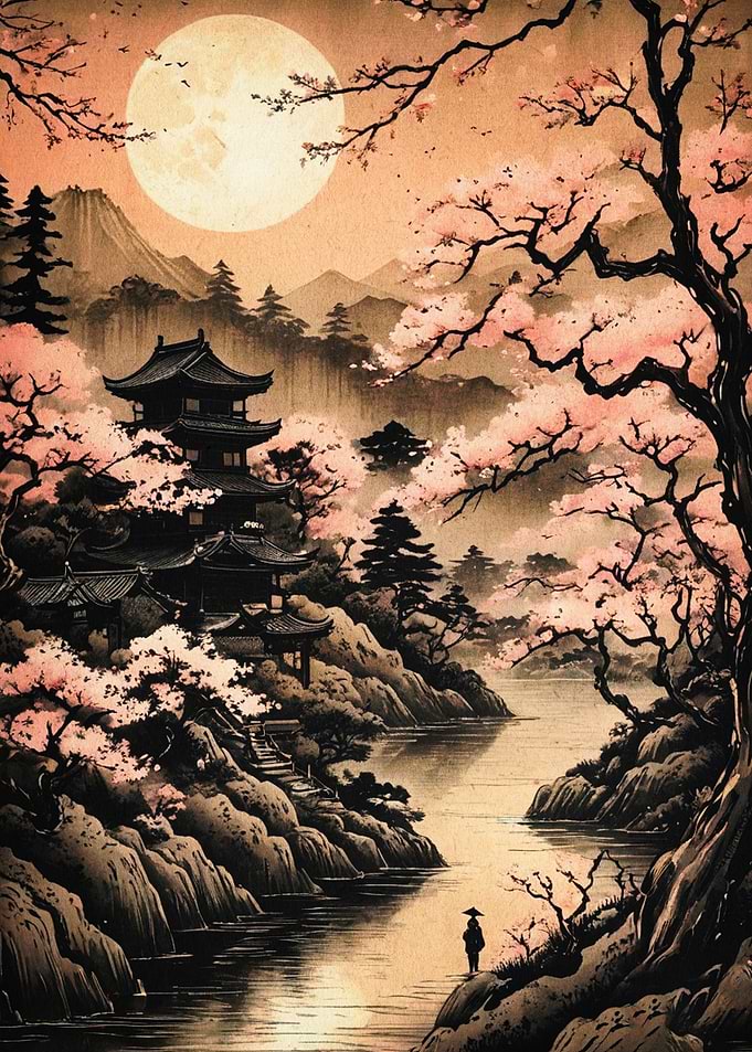 Japanese Temple Cherry Blossom Art