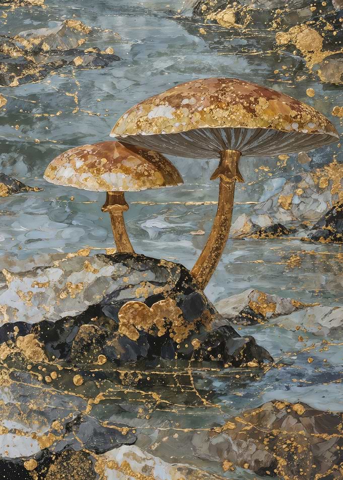 Golden Mushrooms Rising Through Marbled Blue Stone