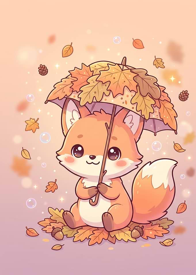 Cute Fox Under Autumn Leaf Umbrella