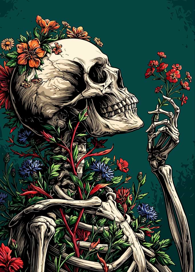 Skull Adorned with Vibrant Flowers