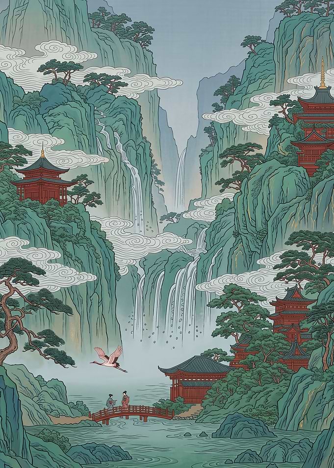 Nihonga Misty Gorge with Waterfalls, Red Pagodas and a Crane