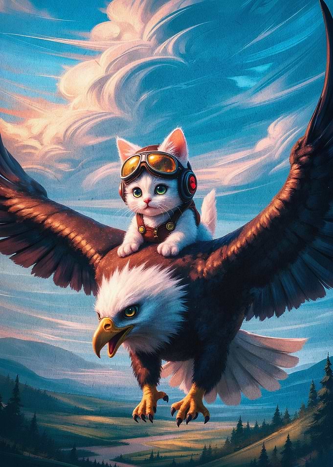 Cat Pilot Eagle Flight Fantasy Art
