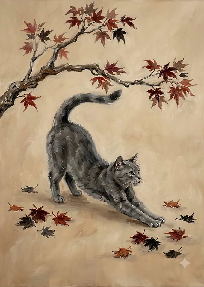 Gray Cat Stretching Under Maple Tree