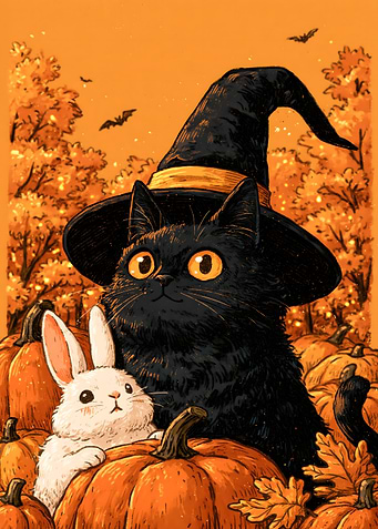 Cozy Spooky Black Cat Witch and Bunny Halloween