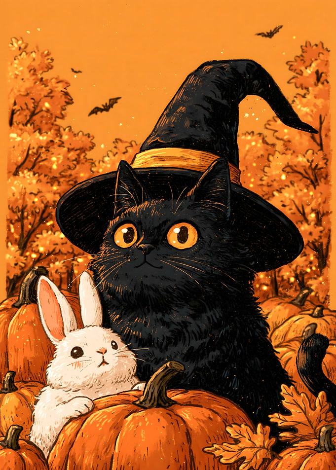 Cozy Spooky Black Cat Witch and Bunny Halloween