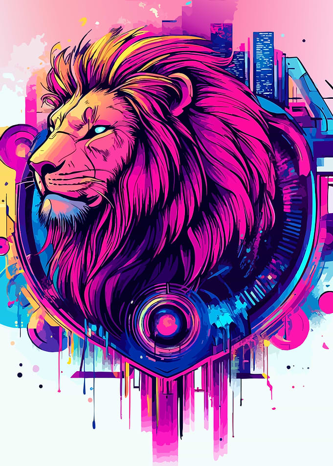 Neon Synthwave Lion Portrait