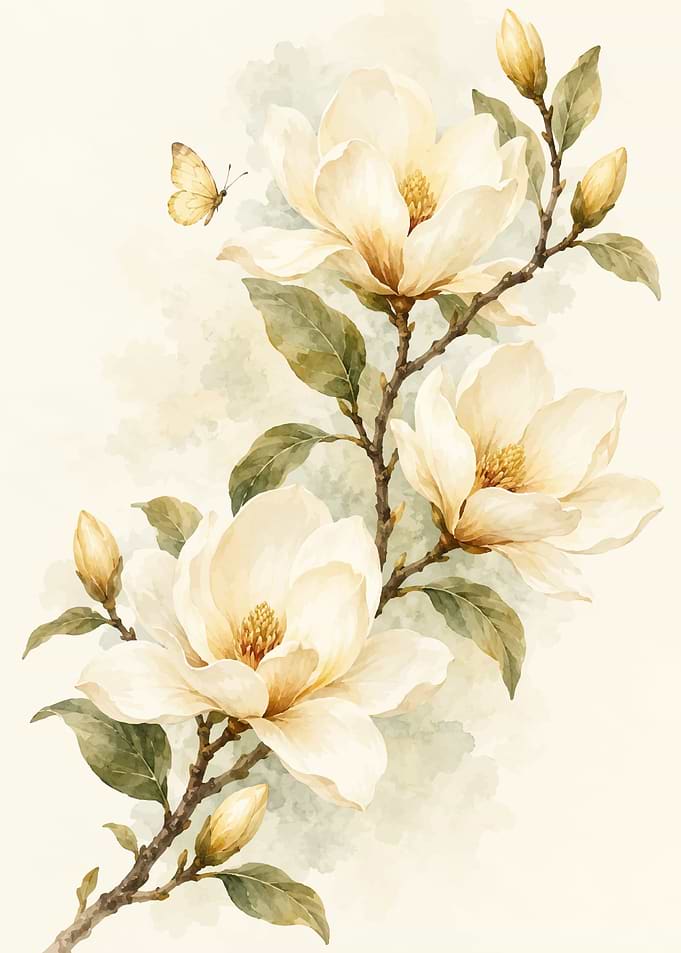 Watercolor Magnolia Branch with Butterfly