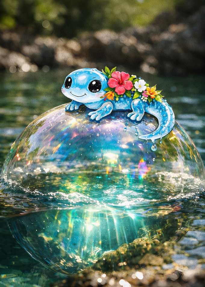 Cute Blue Gecko Bubble Art