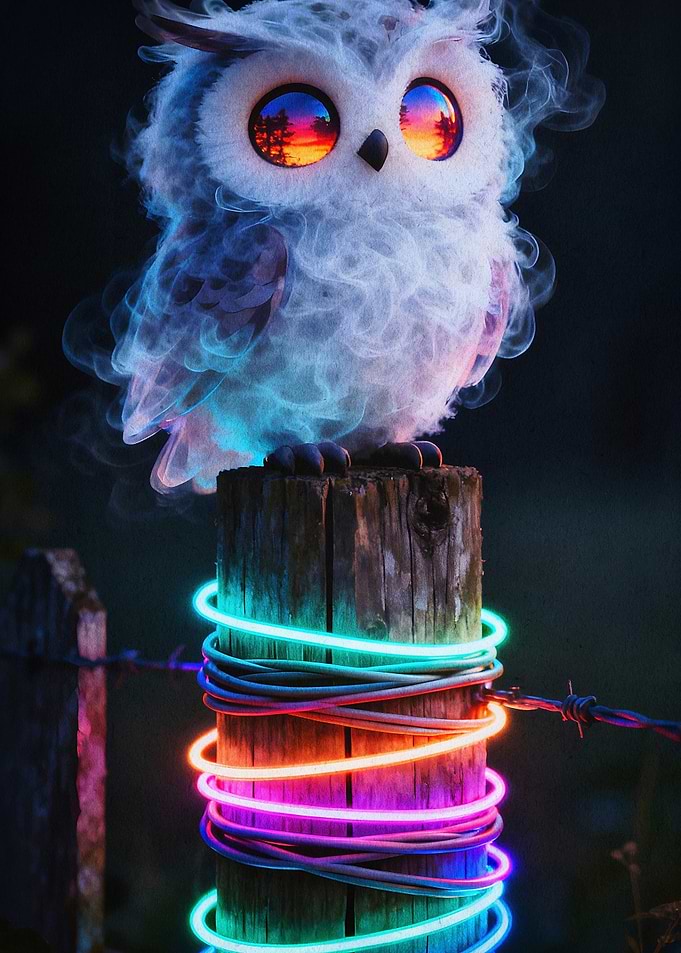 Neon Owl Sunset Cute Animal Poster