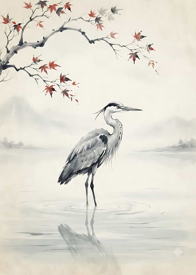 Heron in Traditional Ink Wash Style