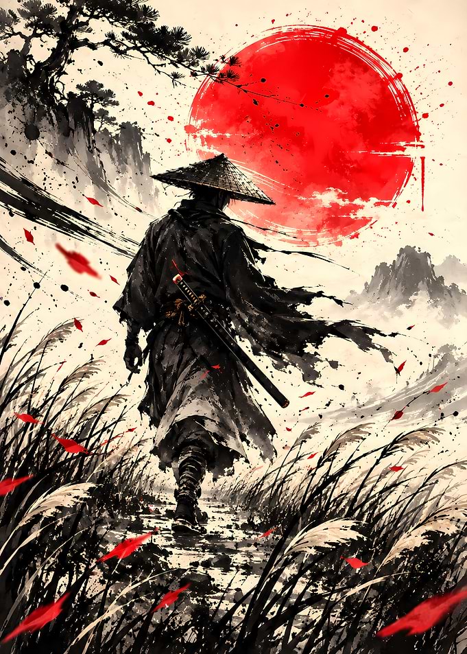 Lone Samurai Walking Under Red Sun