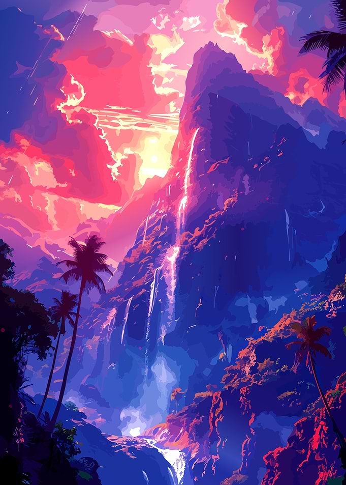 Vibrant Tropical Waterfall Sunset Landscape