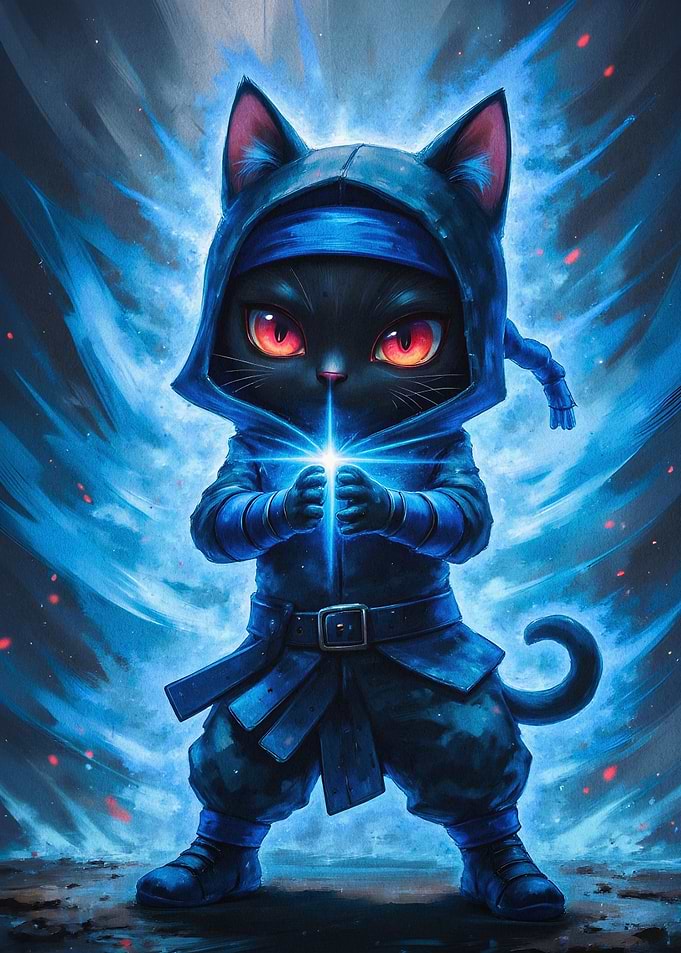 Ninja Cat Blue Aura Fantasy Poster