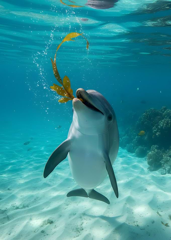 Playful Dolphin Swimming with Seaweed