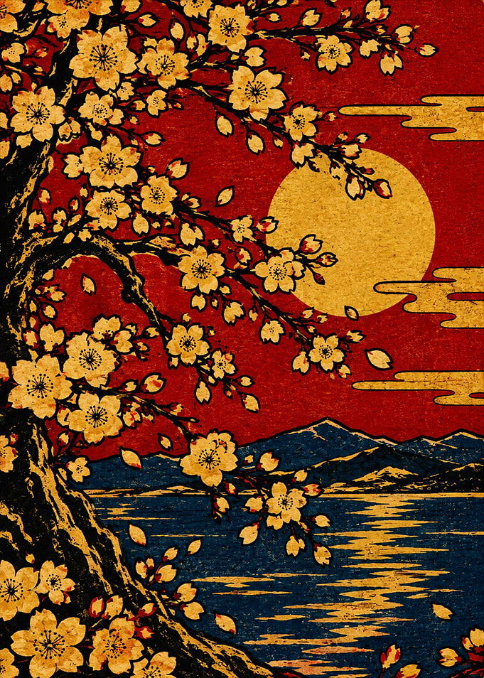 Japanese Cherry Blossom Woodblock Print