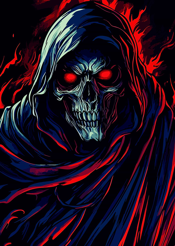 Grim Reaper with Glowing Red Eyes