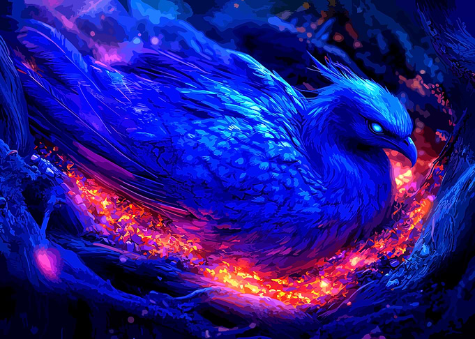 Glowing Blue Phoenix in Embers