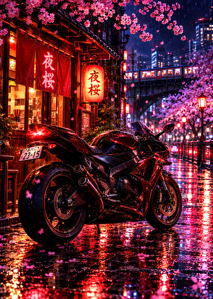 Sportbike Under Cherry Blossoms at Night