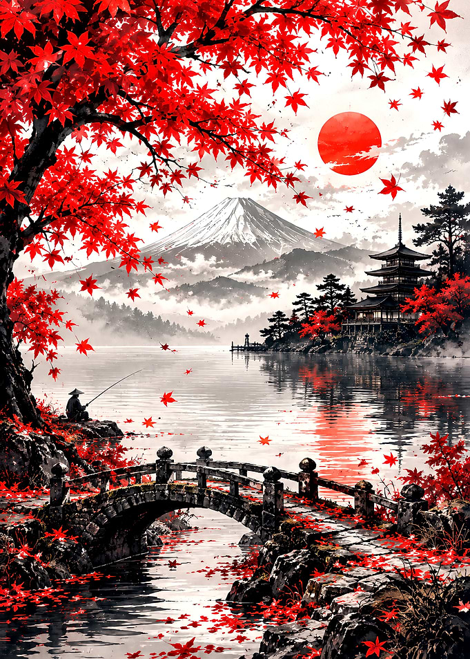 Autumnal Japanese Landscape with Mount Fuji