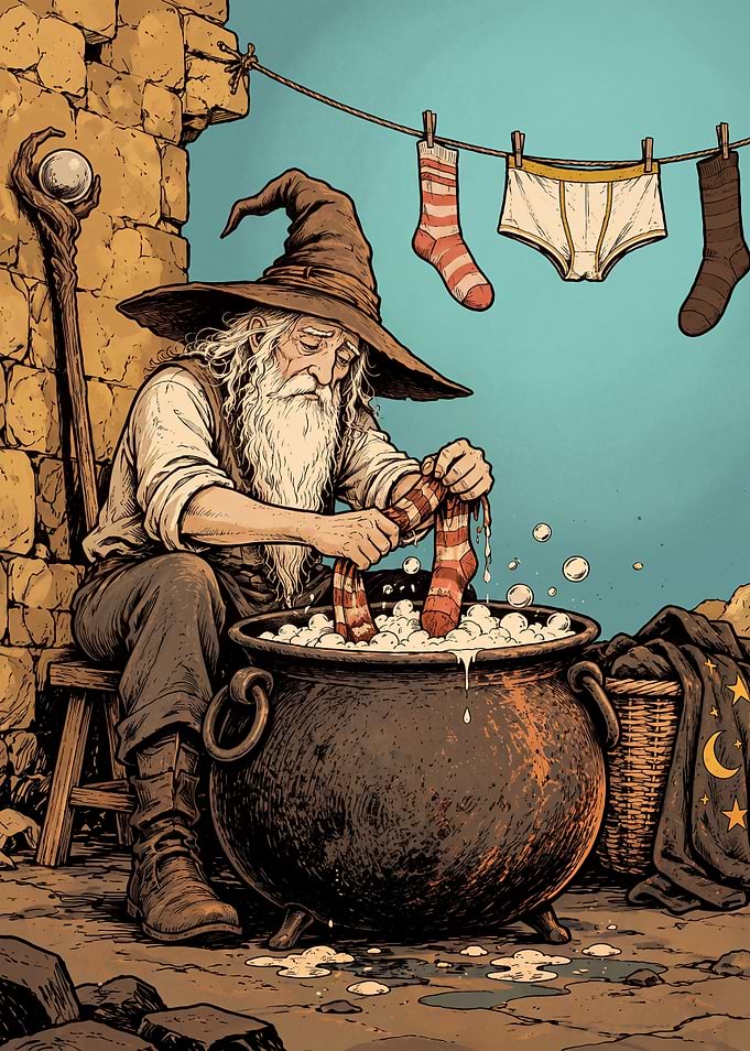 Wizard Doing Laundry in Cauldron