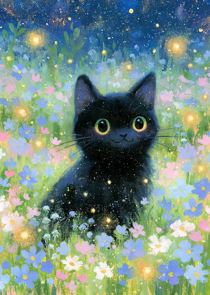 Black Cat in Magical Flower Meadow