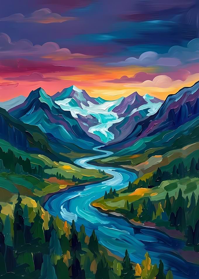 Vibrant Mountain River Landscape Painting