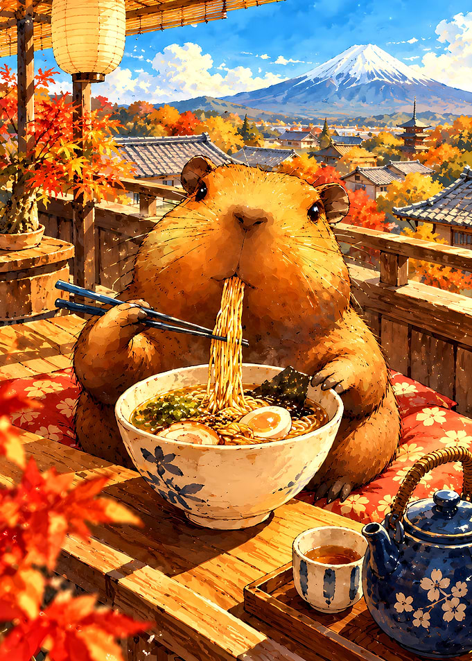 Capybara Eating Ramen with Mount Fuji